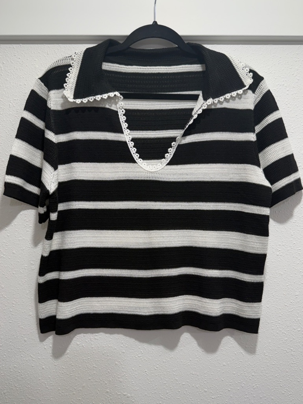 Black & White Striped Knit Polo Top - Classic Casual - Size XL